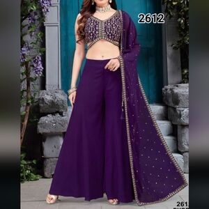 Purple and gold crop top, palazzo and dupatta | wedding guest outfit